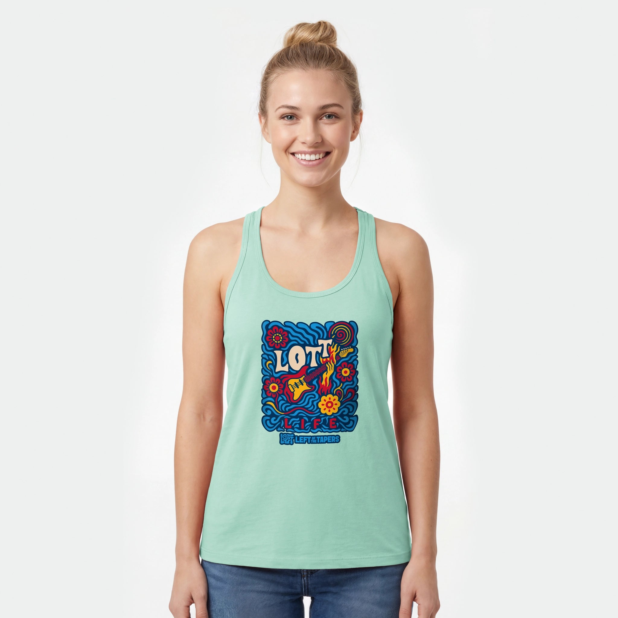 Woman wearing a light blue tank top with colorful 'Lori' design on a white background